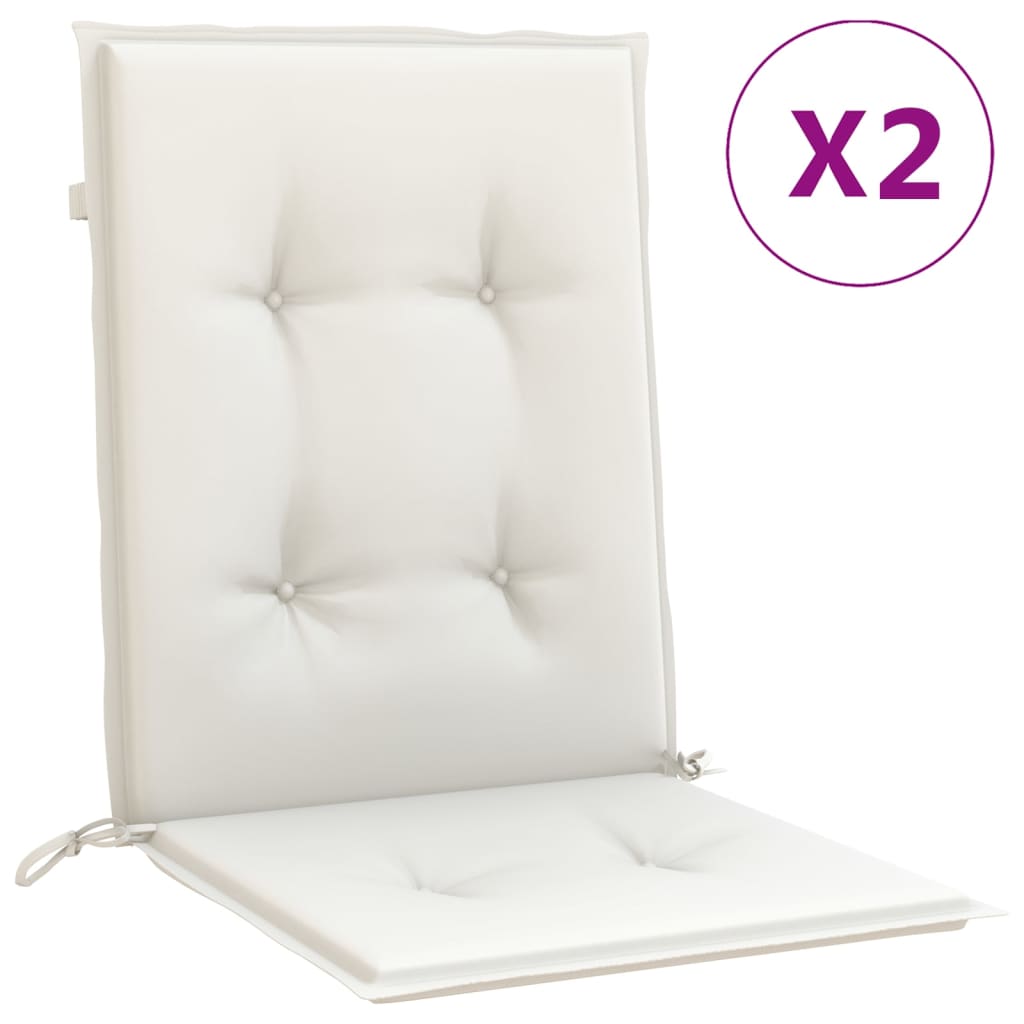 Two cream lowback chair cushions with tufted fabric and tie straps, sized 39.4x19.7x1.6 inches.