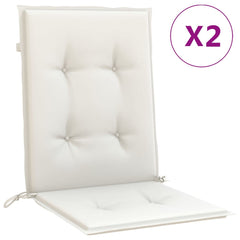 Two cream lowback chair cushions with tufted fabric and tie straps, sized 39.4x19.7x1.6 inches.