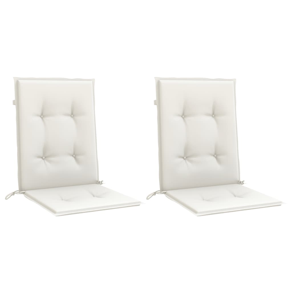 Two cream melange fabric lowback chair cushions, each 39.4x19.7x1.6 inches, with straps.