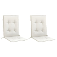 Two cream melange fabric lowback chair cushions, each 39.4x19.7x1.6 inches, with straps.