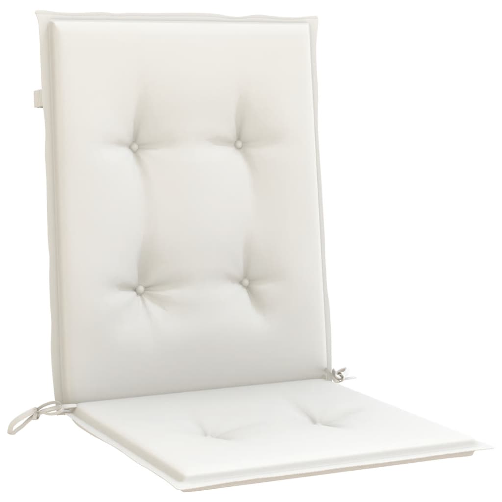 Two cream lowback chair cushions with tufted fabric and ties for securing.