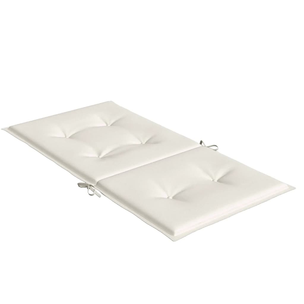 Two cream melange fabric lowback chair cushions with tufted design and ties, 39.4x19.7x1.6 inches.