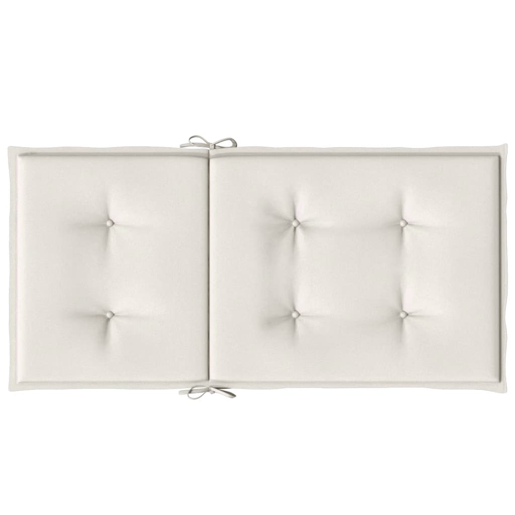 Cream melange lowback chair cushions, 2-pack, fabric with tufted details and ties.