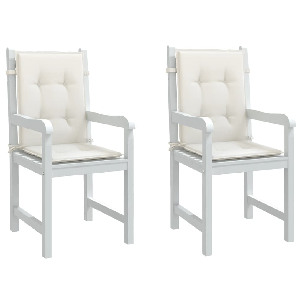 Two cream melange fabric lowback chair cushions with tufted padding and straps, 2-pack.