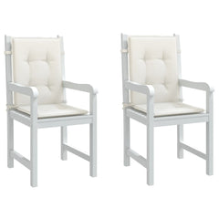 Two cream melange fabric lowback chair cushions with tufted padding and straps, 2-pack.