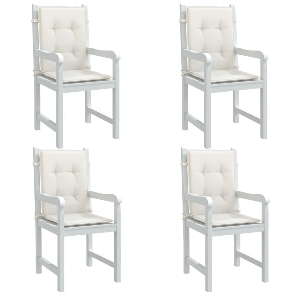 Four melange cream lowback chair cushions made of durable polyester fabric.