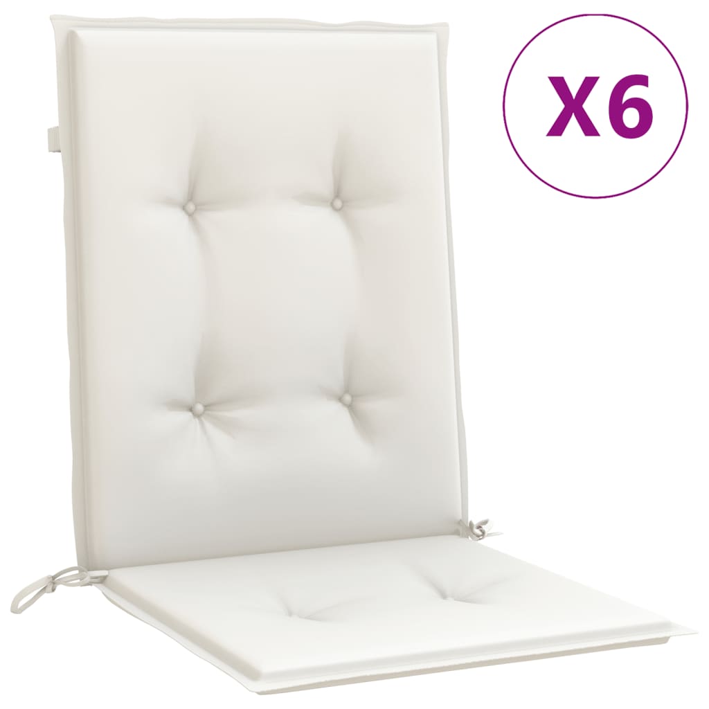 Set of six lowback chair cushions in melange cream polyester fabric with elastic straps.