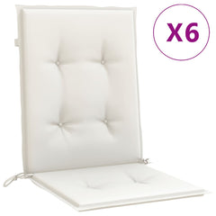 Set of six lowback chair cushions in melange cream polyester fabric with elastic straps.