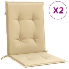 Pair of beige lowback chair cushions with tufted fabric and ties for secure attachment.
