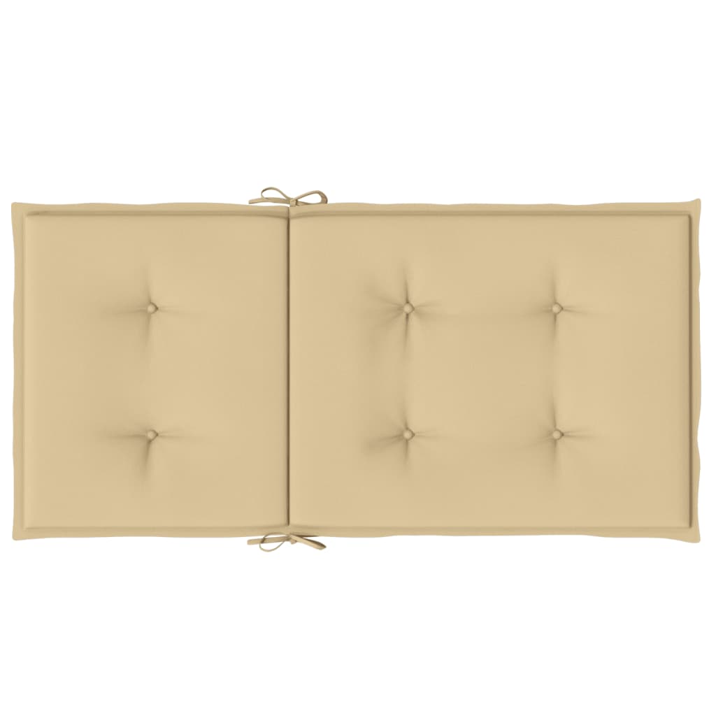 Beige melange fabric lowback chair cushions, 2-pack, with tufting and ties.