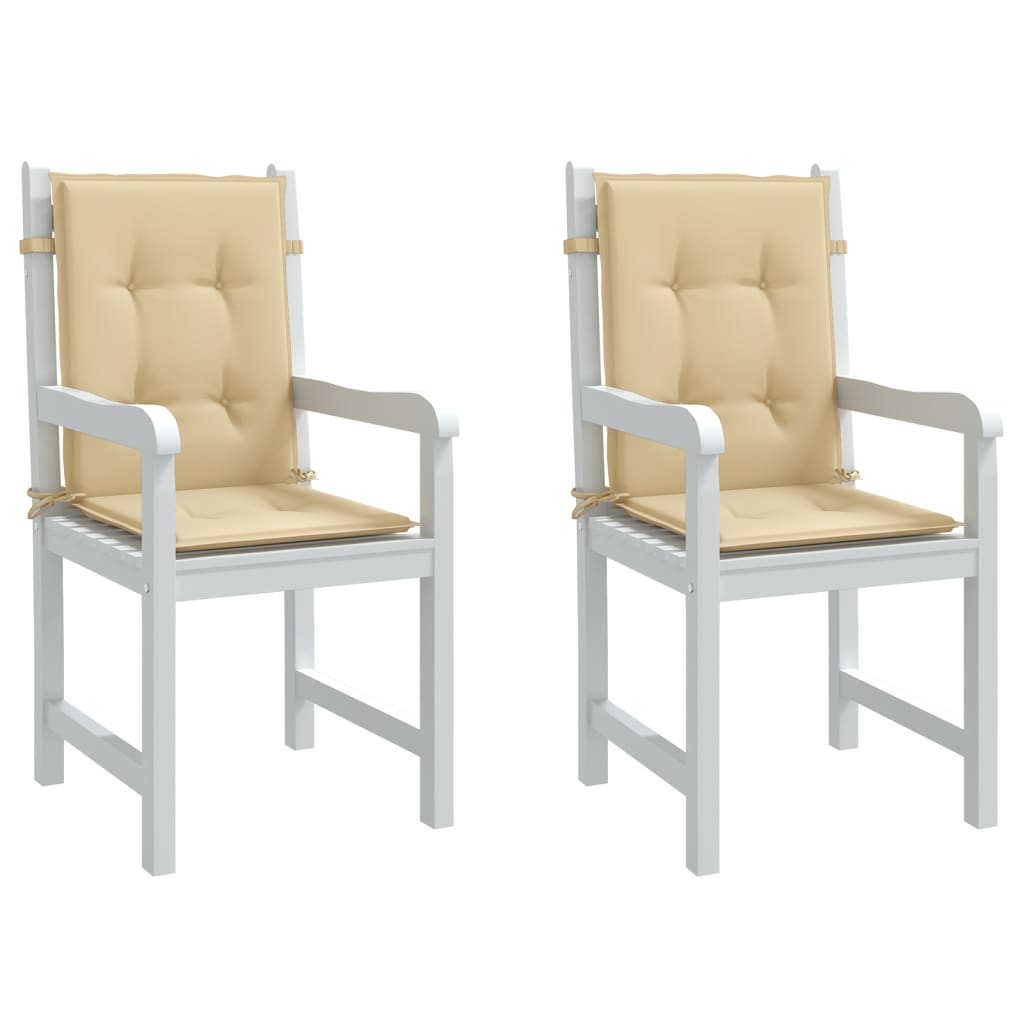 Two beige melange fabric lowback chair cushions with ties, sized 39.4x19.7x1.6 inches.