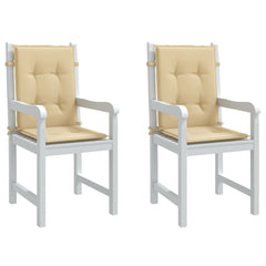 Two beige melange fabric lowback chair cushions with ties, sized 39.4x19.7x1.6 inches.