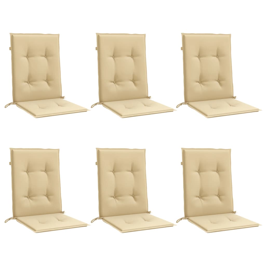 Set of 6 melange beige polyester chair cushions with elastic straps for secure attachment.