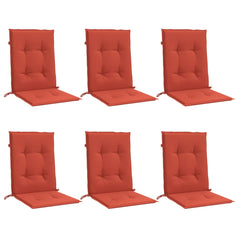 Six melange red lowback chair cushions with fabric covers and ties.