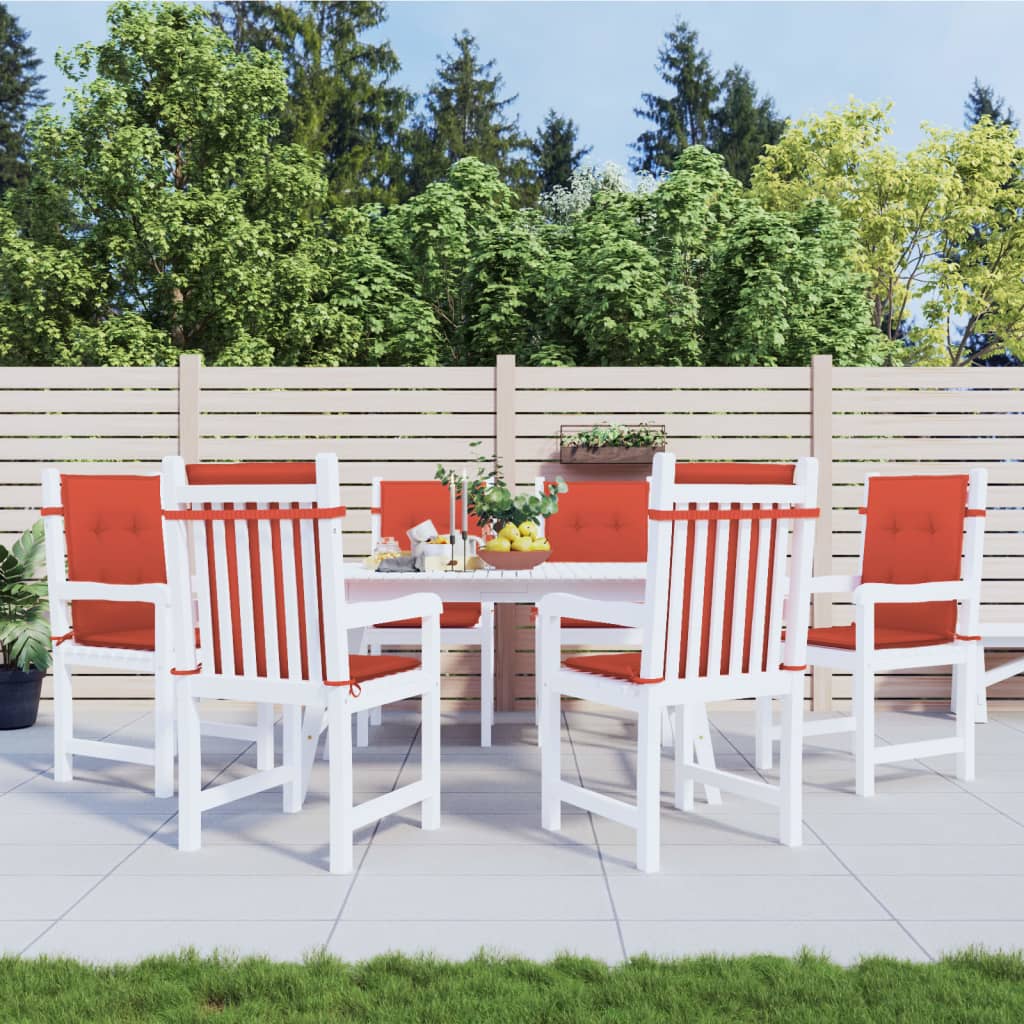 Six red melange fabric cushions for lowback chairs, shown on a white patio dining set.