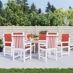 Six red melange fabric cushions for lowback chairs, shown on a white patio dining set.