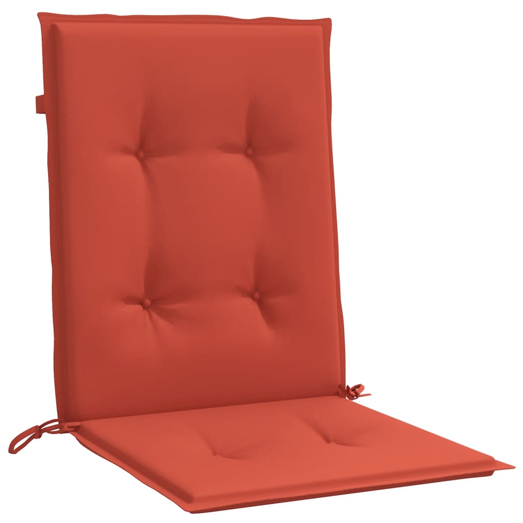 Set of six red lowback chair cushions with tufted fabric and tie straps for outdoor use