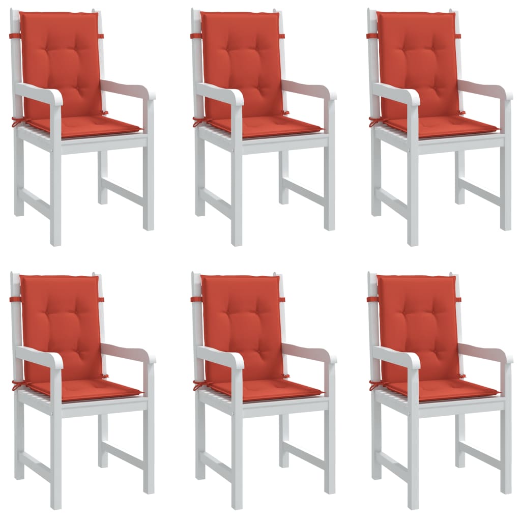 Six red melange fabric lowback chair cushions with ties, shown on white chairs.