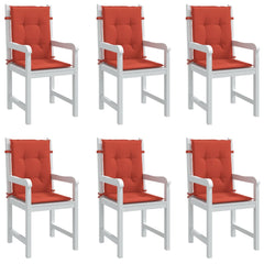 Six red melange fabric lowback chair cushions with ties, shown on white chairs.