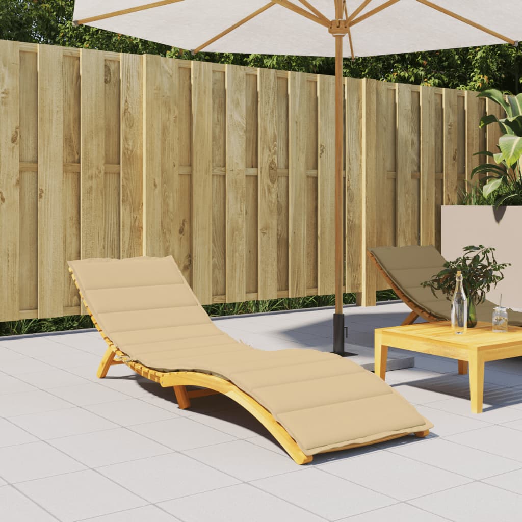 Beige melange sun lounger cushion, 78.7x23.6x1.6 inches, on a wooden recliner.