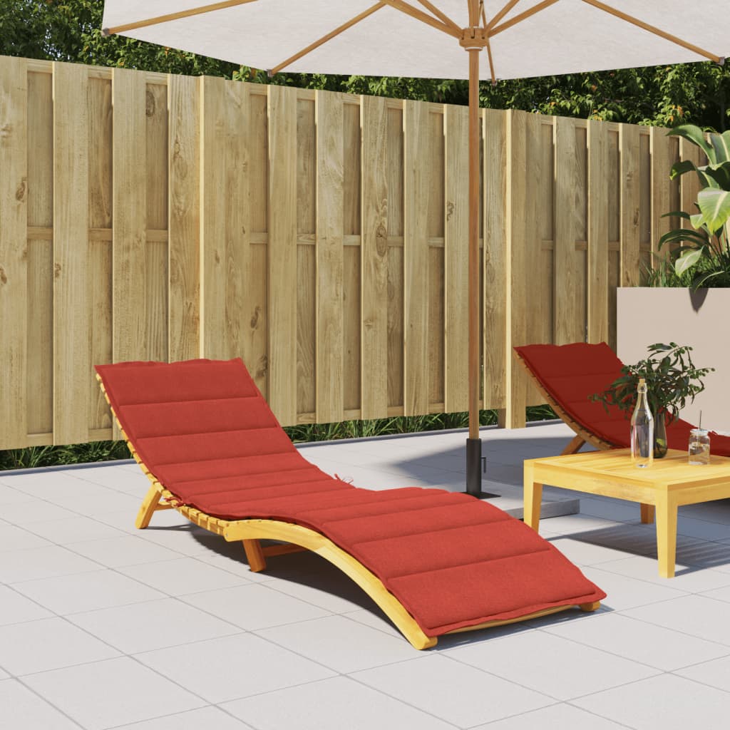Red melange polyester foam sun lounger cushion on wooden chair with umbrella.