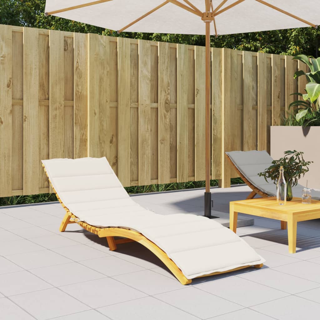 Cream-colored polyester foam fiber sun lounger cushion, 78.7x27.6x1.6 inches, on wooden lounger.