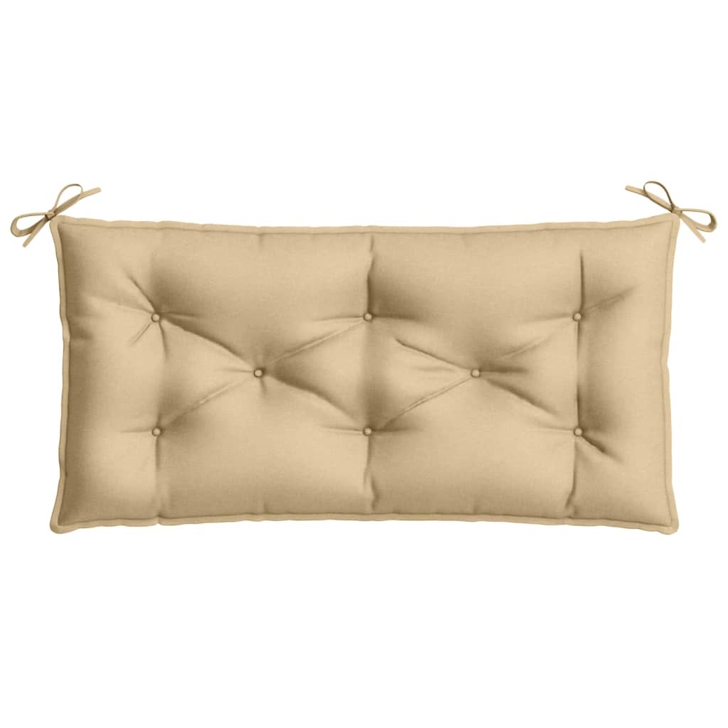 Beige rectangular garden bench cushion with tufted surface and ties, 39.4x19.7x2.8 inches.
