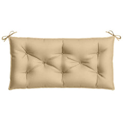 Beige rectangular garden bench cushion with tufted surface and ties, 39.4x19.7x2.8 inches.