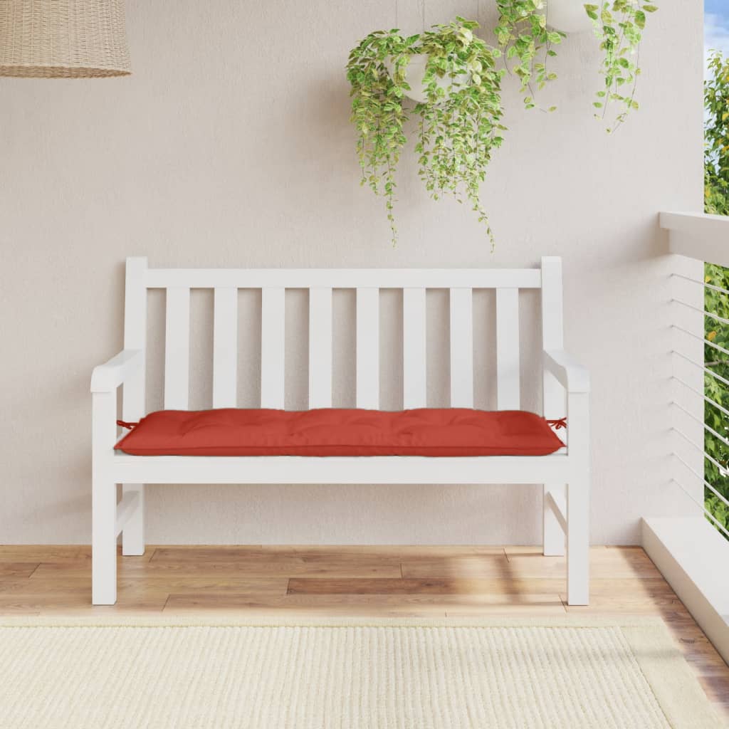 Red melange fabric garden bench cushion with ties, 47.2x19.7x2.8 inches, on white bench.
