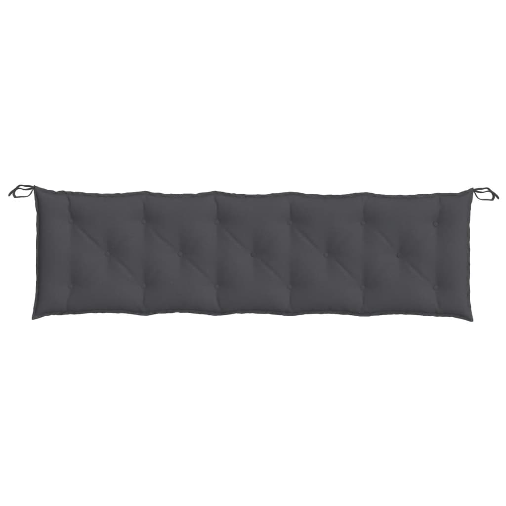 Gray anthracite garden bench cushion with tufted design and ties, sized 70.9x19.7x2.8 inches.