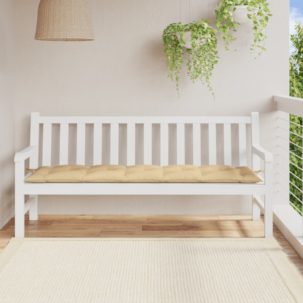 Beige rectangular garden bench cushion with ties, fitting a white outdoor bench.