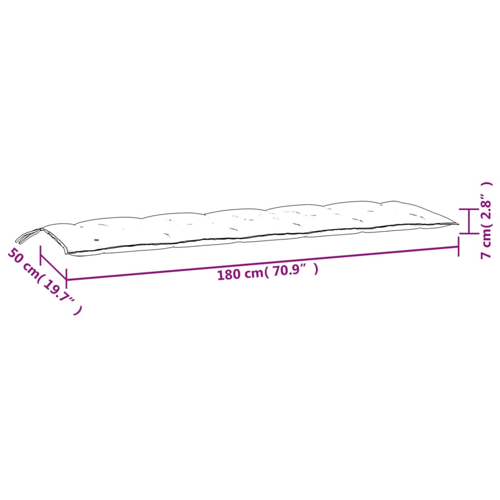 Beige garden bench cushion measuring 70.9 by 19.7 by 2.8 inches with dimensions shown.