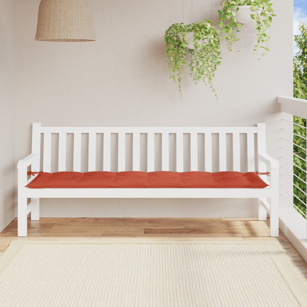 Red polyester garden bench cushion on white bench, 78.7x19.7x2.8 inches.