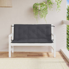Two anthracite melange garden bench cushions with ties, sized 47x20 inches, on a white wooden bench.
