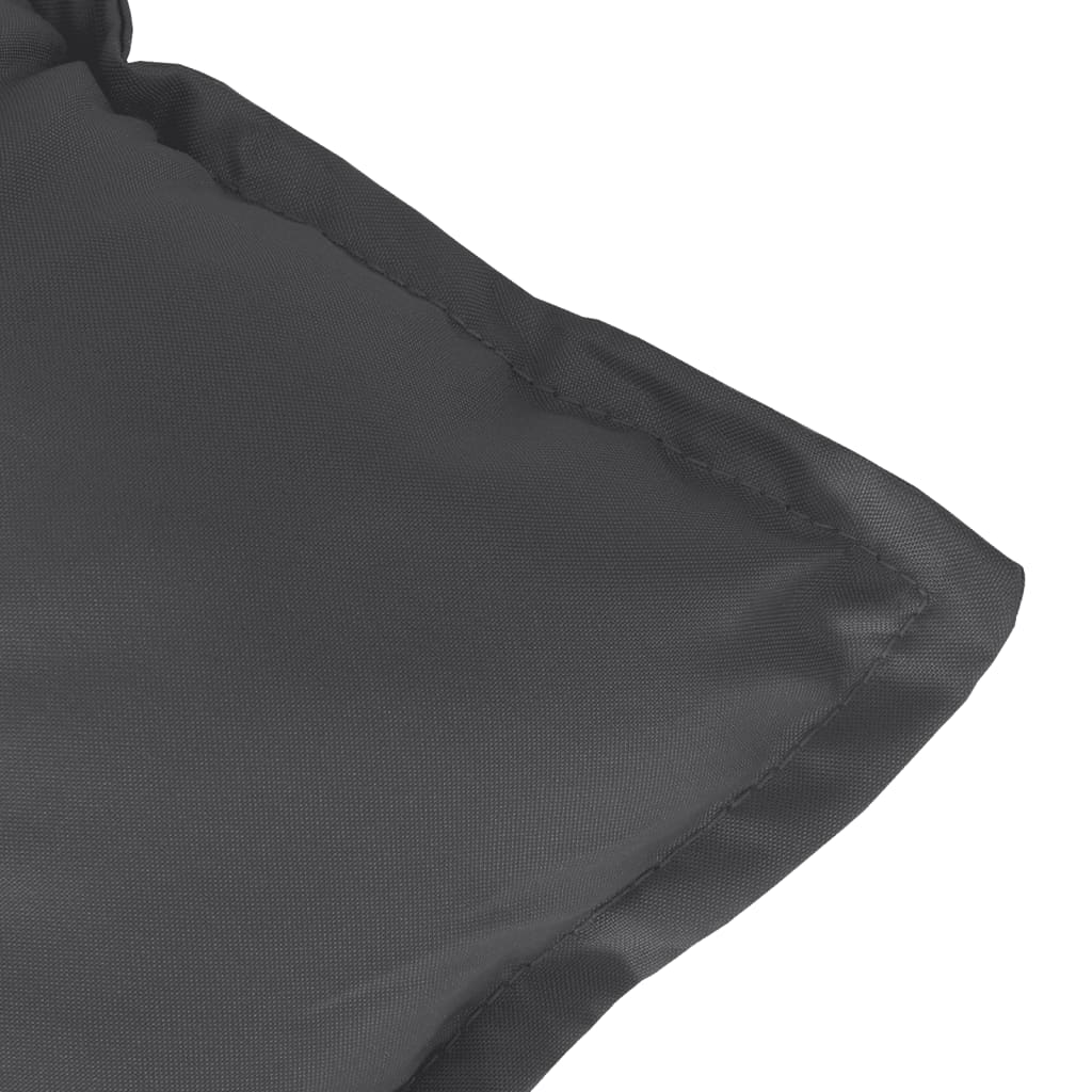 Close-up of a dark gray garden bench cushion with visible stitching along the edge.