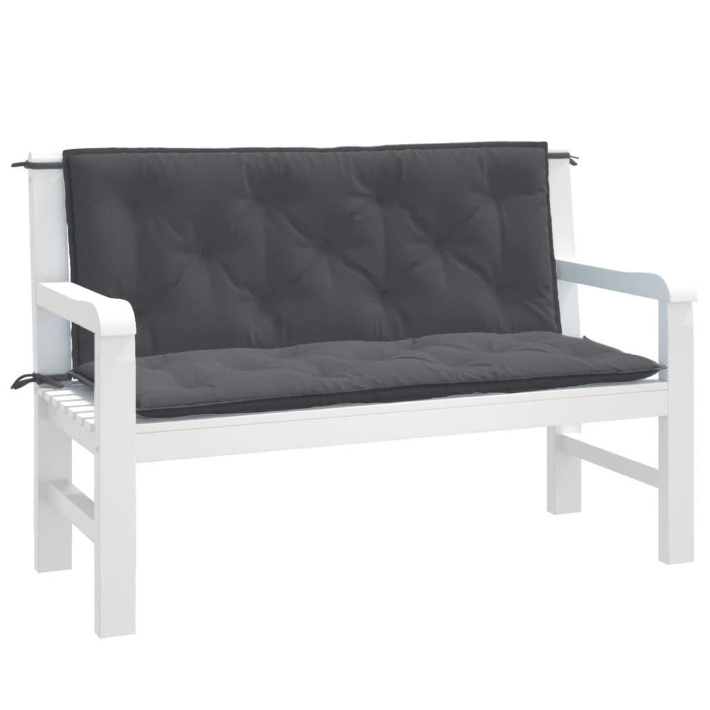 Two anthracite melange garden bench cushions, 47x20 inches each, with ties for secure attachment.