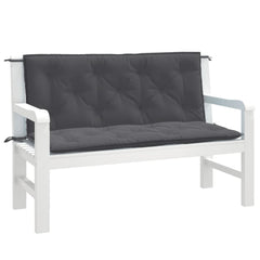 Two anthracite melange garden bench cushions, 47x20 inches each, with ties for secure attachment.