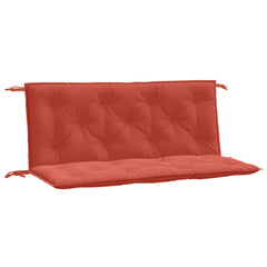 Two red melange garden bench cushions, 47x20x3 inches each, with ties and tufted design.