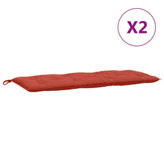 Two red melange garden bench cushions, 47x20x3 inches each, with ties.