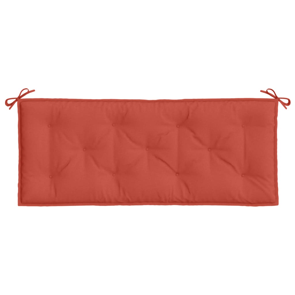 Two red melange garden bench cushions, 47x20x3 inches each, with ties and tufted design.