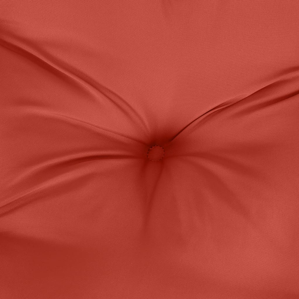 Two red melange garden bench cushions, 47x20x3 inches, with tufted center and ties.