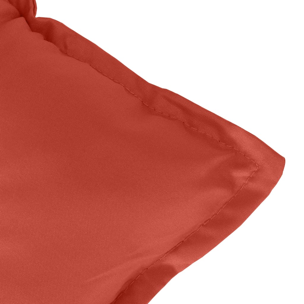 Two red melange garden bench cushions, each 47x20x3 inches, with ties for secure fit.