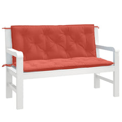 Two red melange garden bench cushions, 47x20x3 inches each, with ties for secure fit.