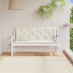 Cream Melange garden bench cushions, 59x20x3 inches, 2-pack, on white bench.