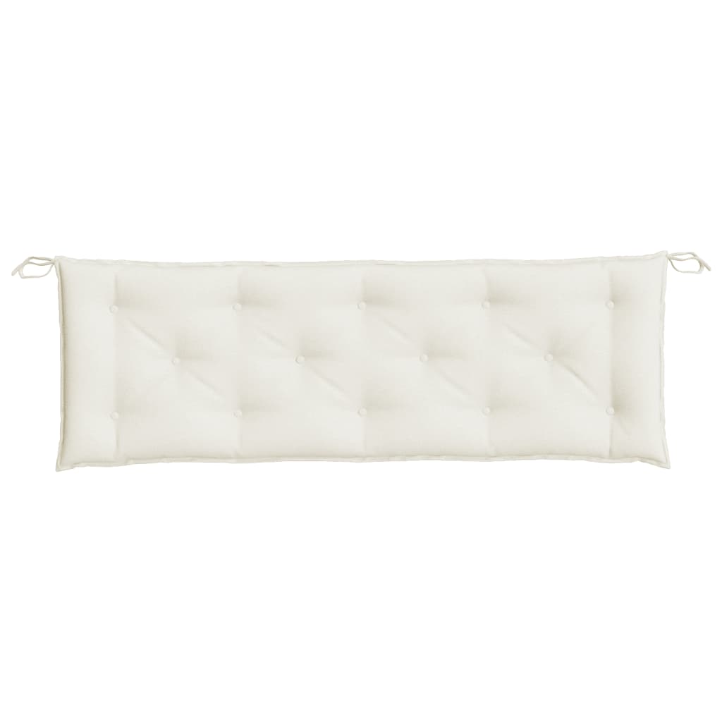 Cream garden bench cushions, 59x20x3 inches, tufted with ties, 2-pack.