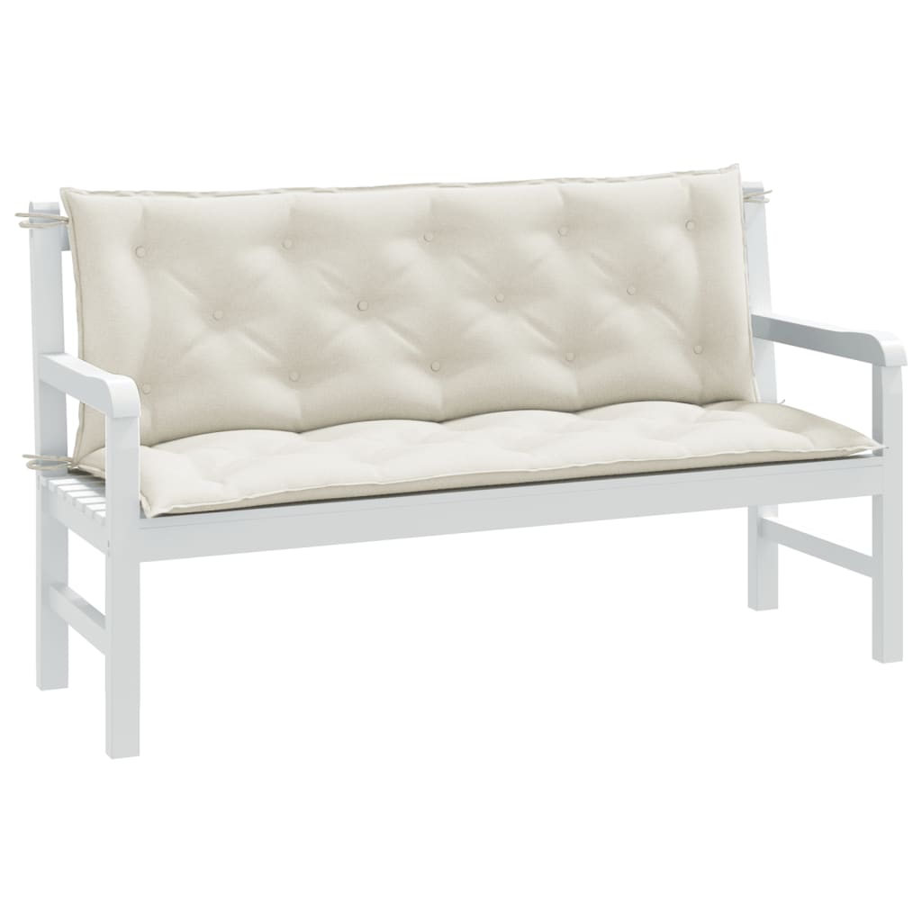 Cream melange garden bench cushions, 2-pack, 59x20x3 inches, with ties.