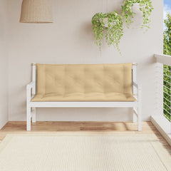 Two beige melange fabric garden bench cushions, 59.1x19.7x2.8 inches each, with tufted design and ties.