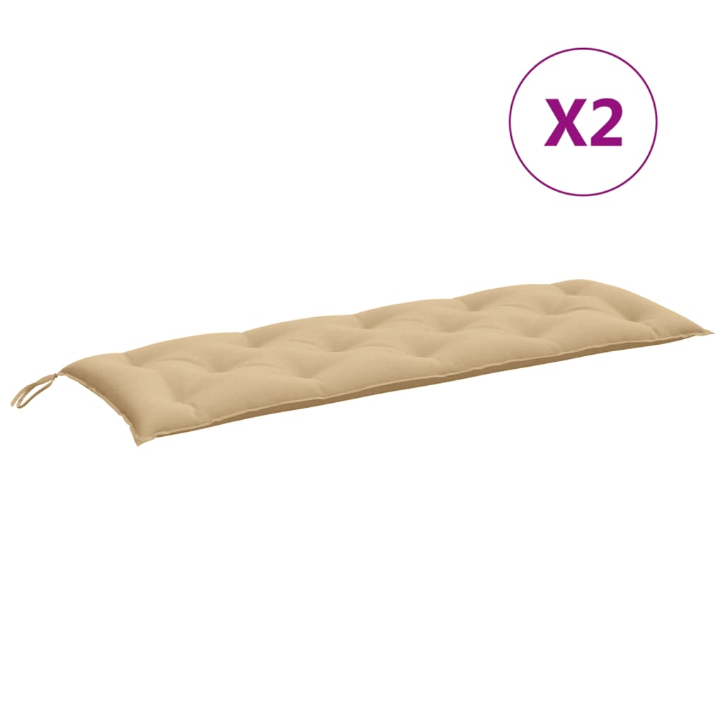 Two beige melange fabric garden bench cushions, each 59.1x19.7x2.8 inches, with ties.