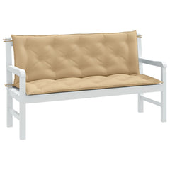 Two beige fabric garden bench cushions, one for seat and one for back, with ties.