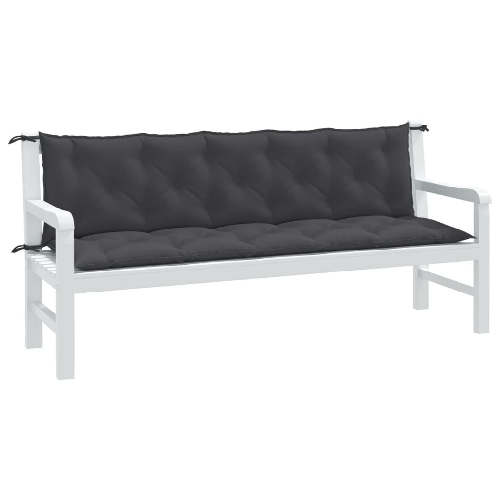 Two anthracite melange garden bench cushions with ties, sized 70.9x19.7x2.8 inches.